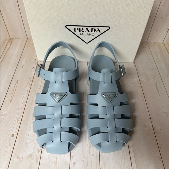 Prada Logo Plaque Rubber Fisherman Sandals Cielo Blue Sz 40 / 10 - Picture 6 of 15